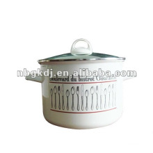 enamel high casserole with bakelite knob and glass lid and steel handle
